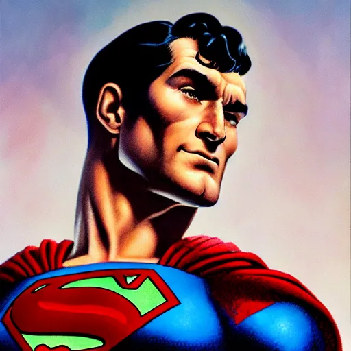 Prompt: an ultra - realistic head and shoulders portrait painting of superman in the style of frank frazetta. 4 k. ultra - realistic. highly detailed. dark fantasy. epic lighting.