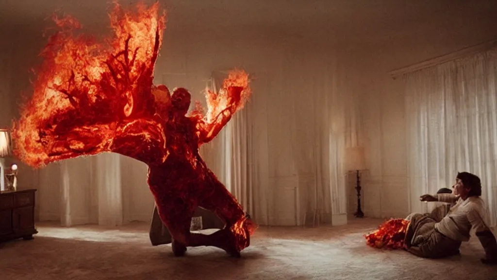 Prompt: a giant hand made of blood and fire floats through the living room holding a person, film still from the movie directed by Denis Villeneuve with art direction by Salvador Dalí, wide lens