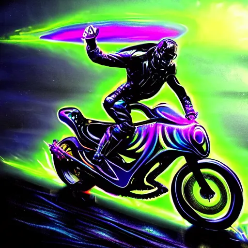 Prompt: psychedelic blacklight neon airbrush artwork, motorcycle, hyper stylized cinematic action shot of an orc racing on a motorcycle, menacing orc, drifting, skidding, wheelie, clear focused details, soft airbrushed artwork, black background, post apocalypse, cgsociety, artstation, peter lloyd art, peter palombi art