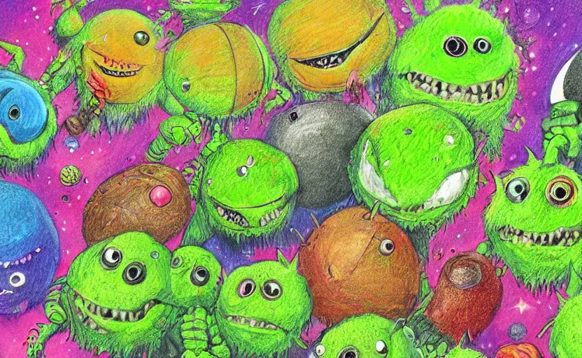 Image similar to an army of different green tennis ball monsters, in space, digital art, fantasy, magic, chalk, chalked, trending on artstation, ultra detailed, detailed, fine details, professional illustration by basil gogos