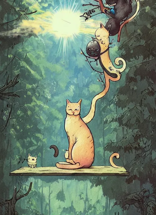 Image similar to a hyper realistic ink cat and the meaning of life and sunbeams blue sky, lush forest comic by chiara bautista and norman rockwell and greg rutkowski weta studio, and lucasfilm