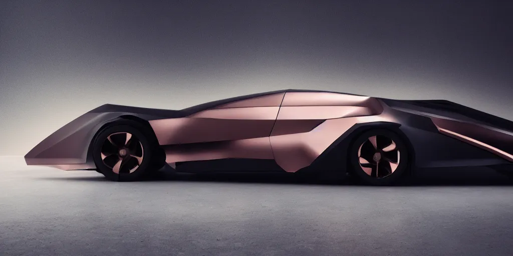 Image similar to a design of a futuristic vehicle, designed by Polestar, blade runner background, brushed rose gold car paint, black windows, dark show room, dramatic lighting, hyper realistic render, depth of field