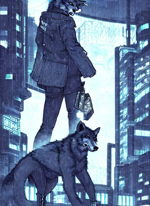 Image similar to character portrait of a male anthro wolf fursona with a tail and a cute beautiful attractive detailed furry face wearing stylish cyberpunk clothes in a cyberpunk city at night while it rains. hidari, color page, tankoban, 4K, tone mapping, Akihiko Yoshida.