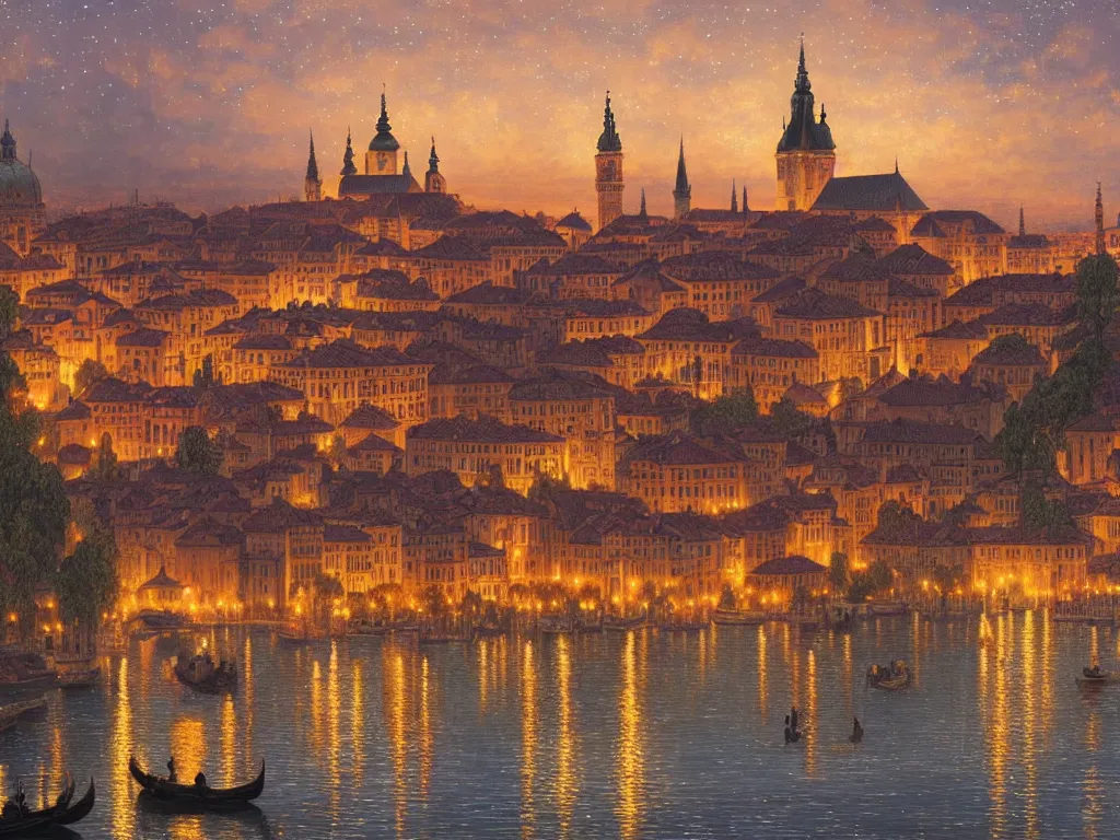 Image similar to a view of an ancient medieval castle city resembling prague castle and venice at night with a sky full of stars, intricate, elegant, highly detailed, digital painting, artstation, concept art, smooth, sharp focus, colored illustration for tattoo, art by thomas kincade and alphonse mucha,