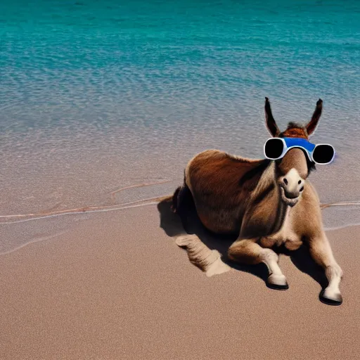 Prompt: A photograph of a donkey wearing cool glasses ,lying on a beach sun bed, 8k, highly detailed