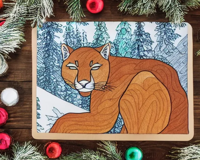 Image similar to colouring book showing 'a cougar sleeping in the middle of snowy pine tree' laying on coffee table, zoomed out shot, HD, iphone capture