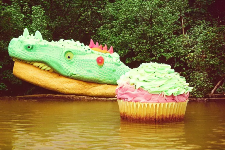 Image similar to a photo of a giant mutant cupcake crocodile in its natural habitat, kodak ektachrome e 1 0 0 photography