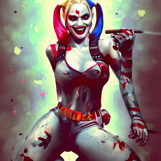 Image similar to Harley Quinn but she's a beautiful young ape with long pony tails on either side of her head, illustration, comic, by James Jean, artgerm, octane render, by John Coltrane and Marc Simonetti, Manic, graffiti, kinemacolor, colorful, high detail of the face, full body