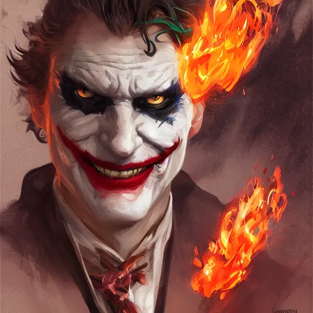 Image similar to joker as a firebender, portrait, elegant, intricate, digital painting, artstation, concept art, smooth, sharp focus, illustration, art by konstantin korovin and daniel f. gerhartz and john howe