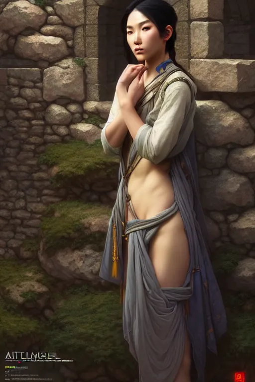 Prompt: beautiful digital painting of a young asian model stone wall with high detail, 8 k, stunning detail, works by artgerm, greg rutkowski and alphonse mucha, unreal engine 5, 4 k uhd