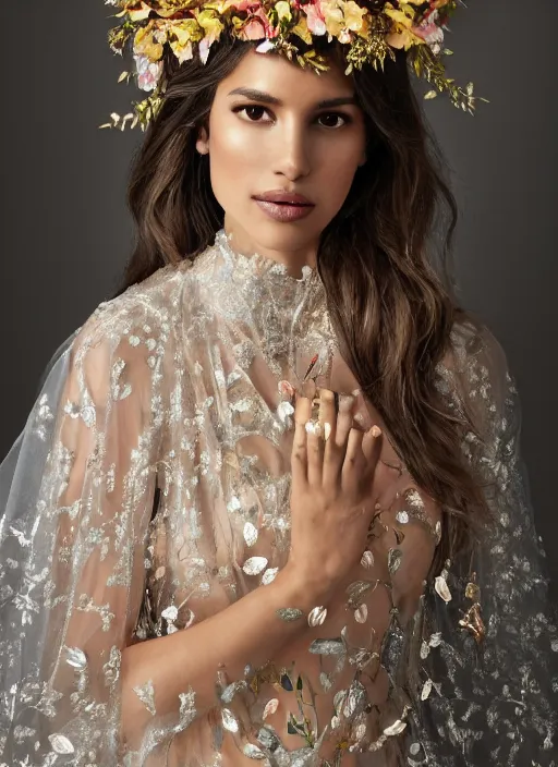 Prompt: oil on canvas portrait of Adria Arjona as an ethereal beauty with an abundant orchid floral crown, royal dress made of intricate golden and silver geometrical patterns, zenithal lighting, photo studio composition, by Alina Ivanchenko and Hirothropologie and Patrick DeMarchelier .