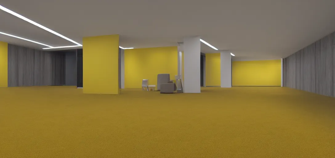 Image similar to backrooms office place yellow walls carpet floor led lights with nobody, bright, 8 k photorealistic, hd, high details, trending on artstation