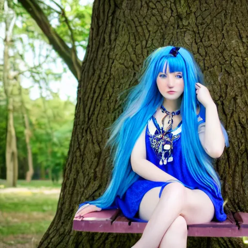 Prompt: dslr photo of a pretty young woman, full bodied portrait, with blue hair, sitting on a bench wearing a flower skirt, and body and wearing hemp sandals and a very detailed faerie necklace around neck, very high quality face, intricate details, extremely high quality, moody lighting, real camera, real photo 8 k, full subject in shot