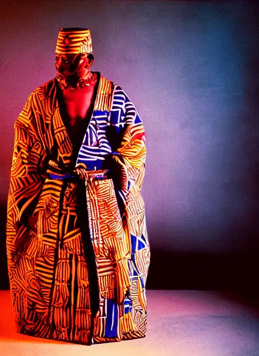 Prompt: analogue photo of an african chief in Haori & Hakama, 35mm, f/1.4, neon dramatic lighting, national geographic, photographed by Martha Cooper,