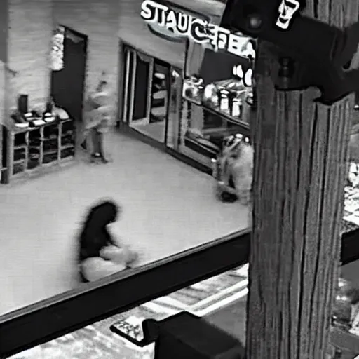 Image similar to a monster caught on cctv camera drinking at starbucks, blurry, photo realistic