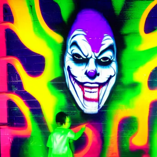 Prompt: florescent glowwave graffiti of the baby joker drinking wine on a street wall, glow wave