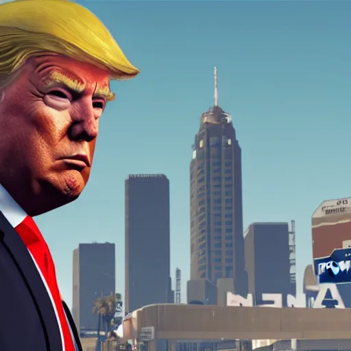 Prompt: Donald Trump in GTA V promotional art, 4k