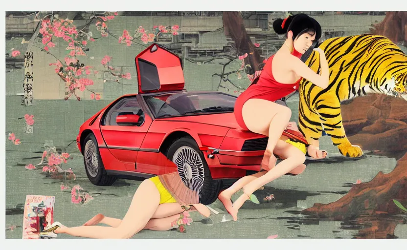 Prompt: a red delorean and a yellow tiger body, painting by hsiao - ron cheng & utagawa kunisada, magazine collage style,