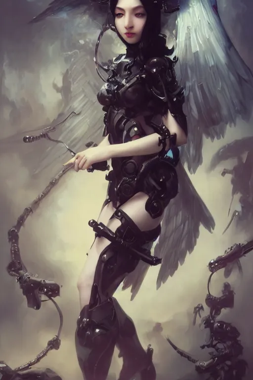 Prompt: Beautiful pale warhammer 40000 goth asian girl with mechanical wings and many wires, masterpiece 4k digital illustration by Ruan Jia and Mandy Jurgens and Artgerm and william-adolphe bouguereau, highly detailed, trending on artstation, award winning,