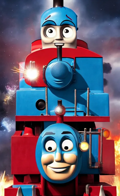 Image similar to thomas the tank engine vs. optimus prime : big revenge : coming soon to theaters, epic cinematic poster, realistic, photo, photorealistic, detailed, high quality, high resolution, 8 k, hdr, 4 k