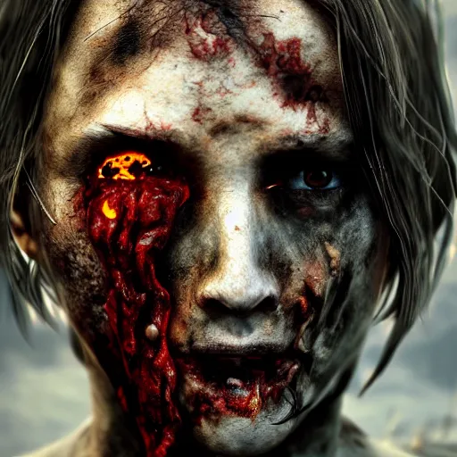 Image similar to post apocalyptic half burned zombie with pig nose, horror, details face, photo, bloody eyes, unreal engine, digital, artstation, detailed body, heavenly atmosphere, digital art, overdetailed art, trending on artstation, cgstudio, the most beautiful image ever created, dramatic, award winning artwork, beautiful scenery