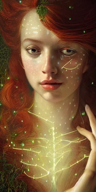 Prompt: amazed happy young woman, surrounded by firefly lights, full covering intricate detailed dress, amidst nature, long red hair, precise linework, accurate green eyes, small nose with freckles, beautiful smooth oval shape face, empathic, expressive emotions, dramatic lights, hyper realistic ultrafine art by artemisia gentileschi, jessica rossier, boris vallejo