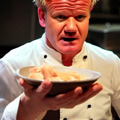 Prompt: < photo trending > gordon ramsey reacts outrageously to being served a plate overflowing with raw sliced chicken