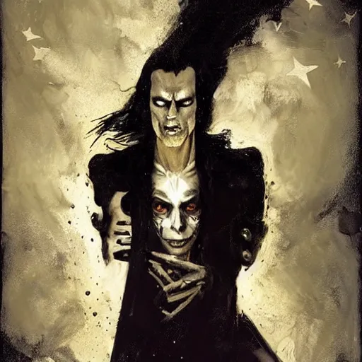 Prompt: nick cave as dream from sandman, dim stars as eyes, by jeremy mann, by cedric peyravernay, by ben templesmith, by dave mckean and richard avedon, dramatic lightning, sadness, dark eye sockets, in the shadows, punk rock, gothic, high detailed, 8 k