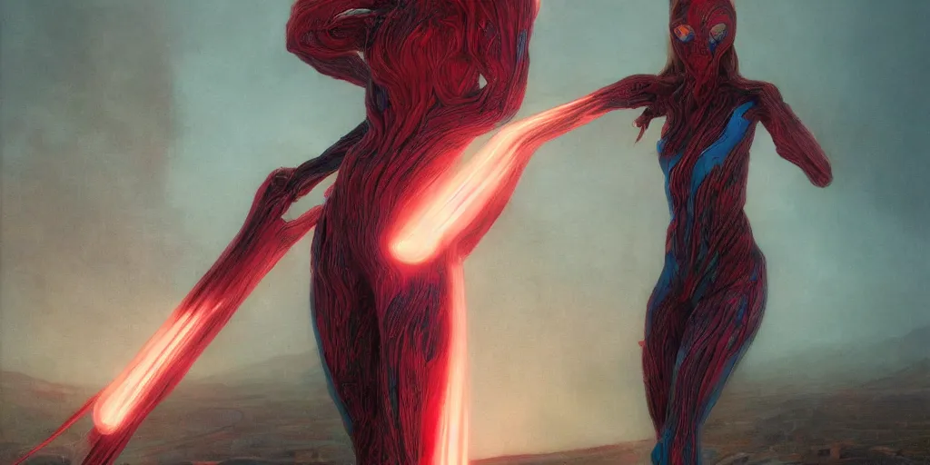 Image similar to Portrait Masterpiece, Wanda Maximoff, furious, red and cyan, glowing, wires everywhere, by Edgar Maxence and Ross Tran, Zdzisław Beksiński, and Michael Whelan, distant, gustav dore, H.R. Giger, 8k, octane render