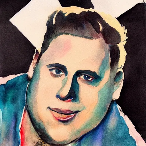 Prompt: jonah hill, stylized. Watercolor and ink. 1950s.