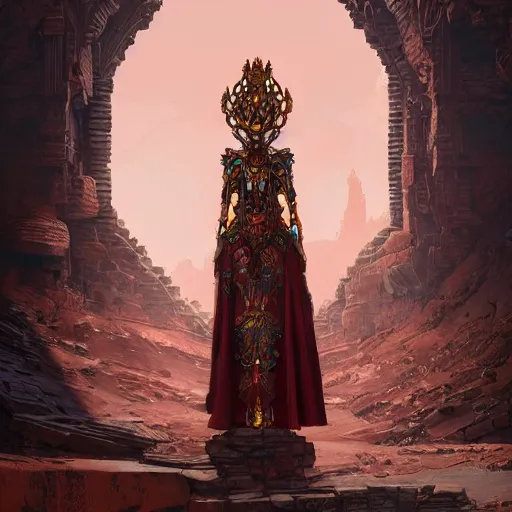 Prompt: alchemist wearing an ornate bronze headgear and red dress standing in a sandstone ruin intricate artwork by Tooth Wu and wlop and beeple and Dan Mumford. Octane render, trending on artstation, greg rutkowski very coherent symmetrical artwork. Cynematic, hyper realism, high detail 8k