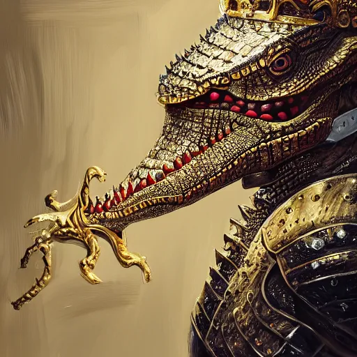 Image similar to detailed photorealistic painting of a crocodile wearing a highly detailed ornamented gold crown with diamonds, in a medieval knight armor with red cape , sharp focus in the style of ruan jia, Mandy jurgens, cinematic light, concept art, trending on artstation, ultra realistic