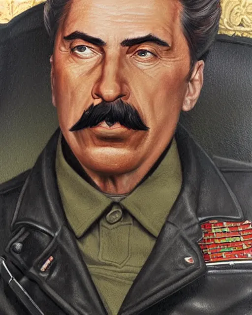 Image similar to portrait of joseph stalin in black leather jacket, gritty, very detailed, hyperrealistic, medium shot, very detailed painting by Glenn Fabry, by Joao Ruas