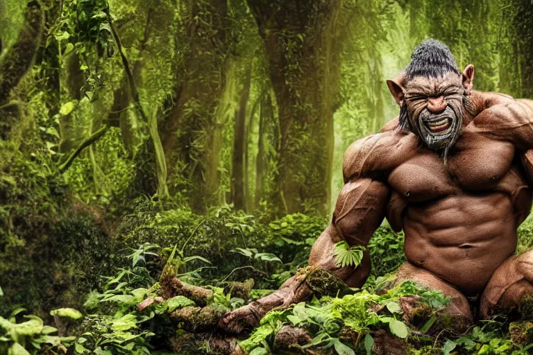 Prompt: highly detailed photo of a muscular troll covered in plants ivy mud earth tree roots electronic wires