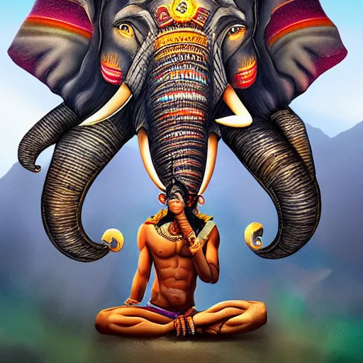 Prompt: lord shiva attaching an elephant head on a human subject, vivid and colorful, cinematic, highly detailed, artstation