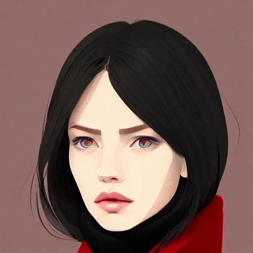 Image similar to girl in dark red turtleneck, black coat, elegant, 2d, ultra highly detailed, digital painting, smooth, sharp focus, artstation, portrait art by Ilya Kuvshinov