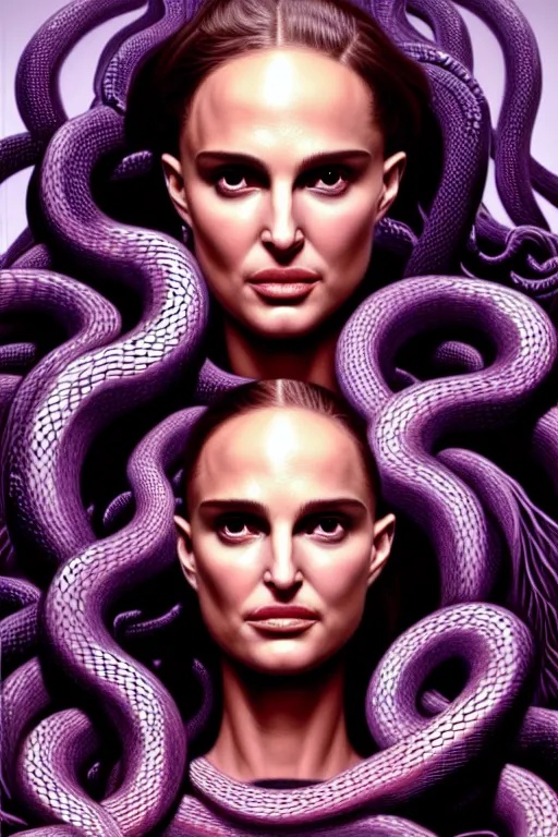 Prompt: Medusa, Natalie Portman, lots of snakes for hair, snakes details, many snakes, background full of snakes, portrait, very detailed, dramatic lighting, electrical details, high details, 4k, 8k, trending on artstation, by Greg Rutkowski, Wayne Barlowe, Hajime Sorayama and Boris Vallejo