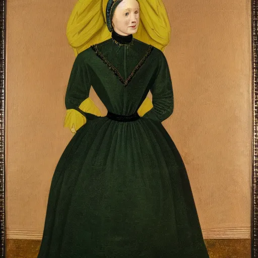 Image similar to a renaissance oil painting of a portrait of a young woman from the fifties, without eyebrows, seated in front of a landscape, wears a dark green dress, with yellow sleeves, with gold interlacing and embroidery at the neckline, a translucent black veil covers the finely curly hair, her arms are bent and her hands crossed