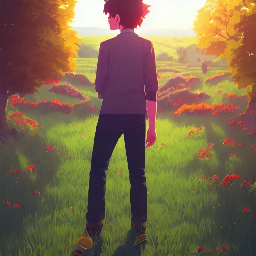 Image similar to portrait of Danny Gonzalez, lush green farm field background, rich vivid colors, ambient lighting, dynamic lighting, 4k, HQ, official media, anime key visual, makoto shinkai, ilya kuvshinov, lois van baarle, rossdraws, detailed, trending on artstation