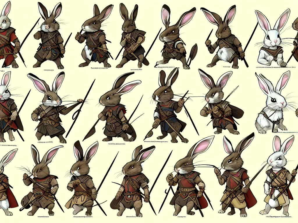 Image similar to character design sheet for a group of heroic rabbit archers on a parchment background, redwall, greg rutowski and jean baptiste monge, very very detailed, epic fantasy concept art