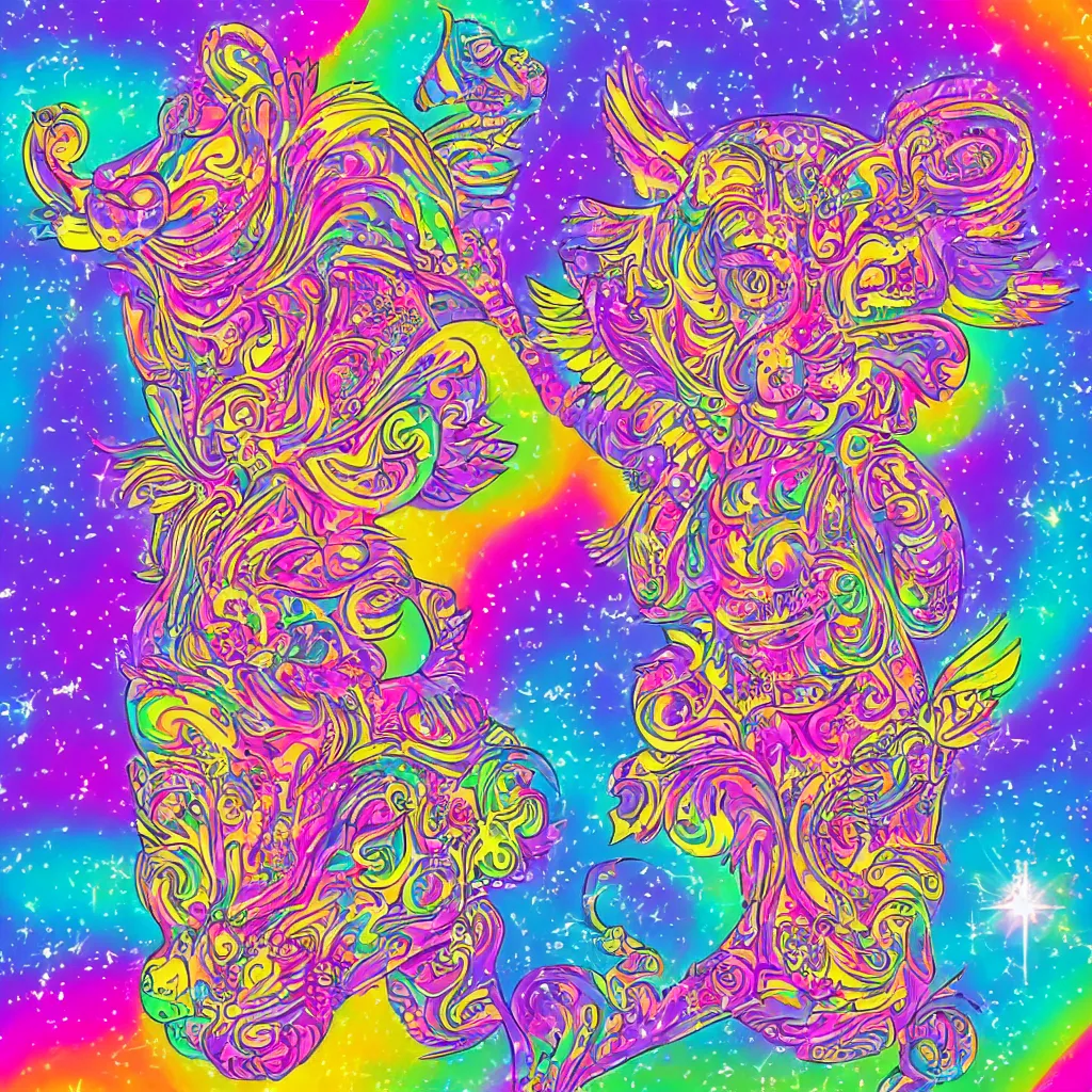 Image similar to lisa frank album cover design design depicting the alter to the ai machine gods, beautiful digital art