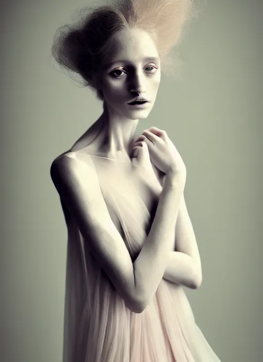 Image similar to portrait photography of a beautiful woman, in fine art photography style of Paolo Roversi , rose huntington whitely style 3/4 , natural color skin pointed in rose, long hair with ornamental hairstyle, full body dressed with a ethereal transparent voile dress, elegrant, 8K, soft focus, melanchonic rose soft light, volumetric dramatic lighting, highly detailed Realistic, hyper Refined, Highly Detailed, natural point rose', indoor soft lighting, soft delicate lighting colors scheme, soft blur lighting, fine art fashion photography