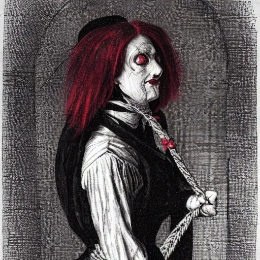 Prompt: dark portrait, death ultra red head woman in medieval dress, strangled with rope, not face, victorian style, high detail