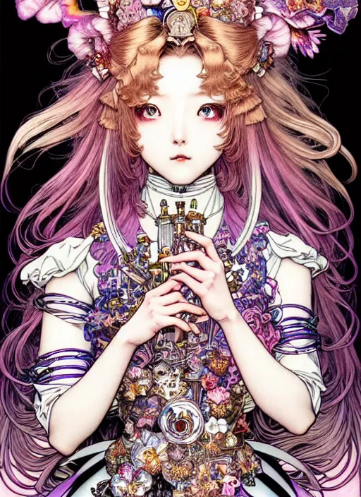 Image similar to highly detailed terada katsuya ayami kojima atrstation manga poster of princess mechine, rainbow gradient reflection, cute face by artgerm, long hair, armor, dress, laces, ruffles, 8 k, maximalist,, jump comics, tomer hanuka, alphonse mucha