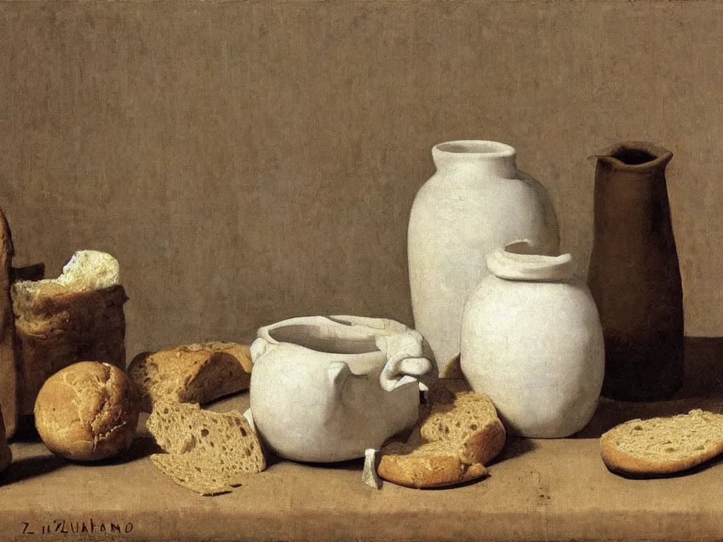 Image similar to Still life with moldy bread, fungus, white vase, ceramic pot. Painting by Zurbaran, Hammershoi, Morandi