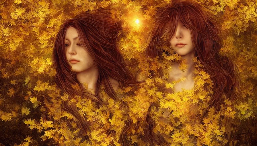 Image similar to golden leaves at frame border, creative!!! composition for a book cover!!!, absurdly beautiful, ultrafine hyperrealistic detailed old!! witch face by wlop and max liebermann and albert bierstadt, intricate linework, sharp focus, smooth, octopath traveler, final fantasy, unreal engine, dramatic lighting, ethereal, 8 k