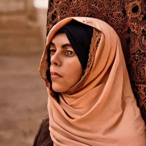 Image similar to anna forsterling and saul bromberger, yulia nevskaya, pulitzer, photorealistic, bokeh, fine hyperrealistic details, intricacy, aesthetic / woman wear burqa ride camel and handling gun in shaaran