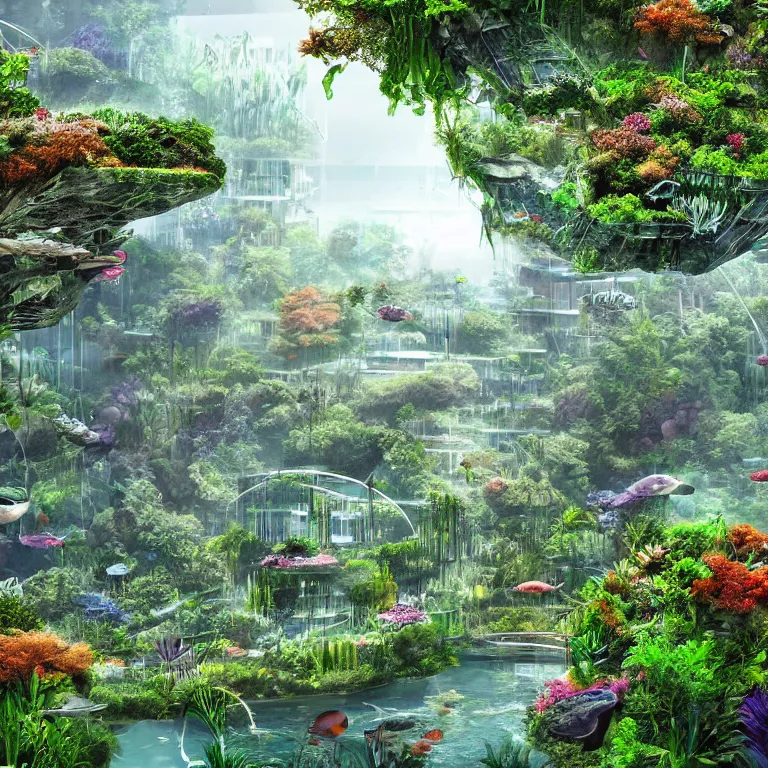 Image similar to Beautiful city of the future, overgrown with trees and plants. An aquarium. Beautiful artistic digital artwork by artist Lurid. (2022)