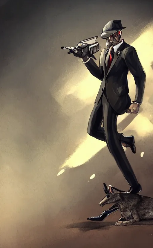 Prompt: a jackrabbit as a hitman, suit and tie, with silenced gun, dynamic lighting, fantasy concept art, trending on art station, stunning visuals, creative, cinematic, ultra detailed