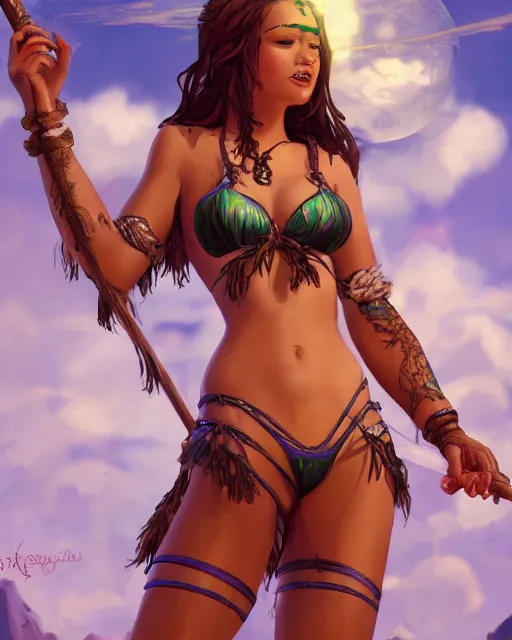Image similar to A beautiful female maid wearing a magical bikini posing on a boat, detailed face, fantasy art, in the style of Joel Santana, illustration, epic, fantasy, intricate, hyper detailed, artstation, concept art, smooth, sharp focus, ray tracing, profile shot